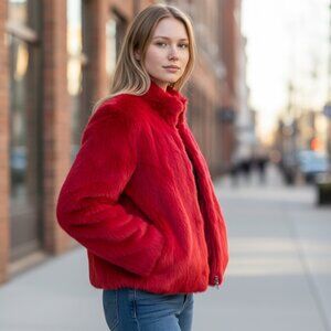 AS NEW MAXIMA WILSONS LEATHER RABBIT FUR LIPSTICK RED JACKET REVERSES NYLON XL